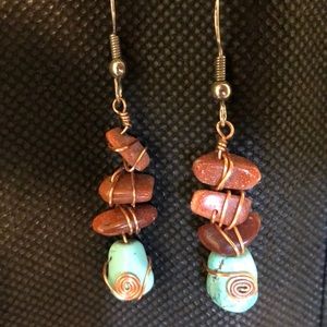 Gold stone and turquoise copper wrap earrings